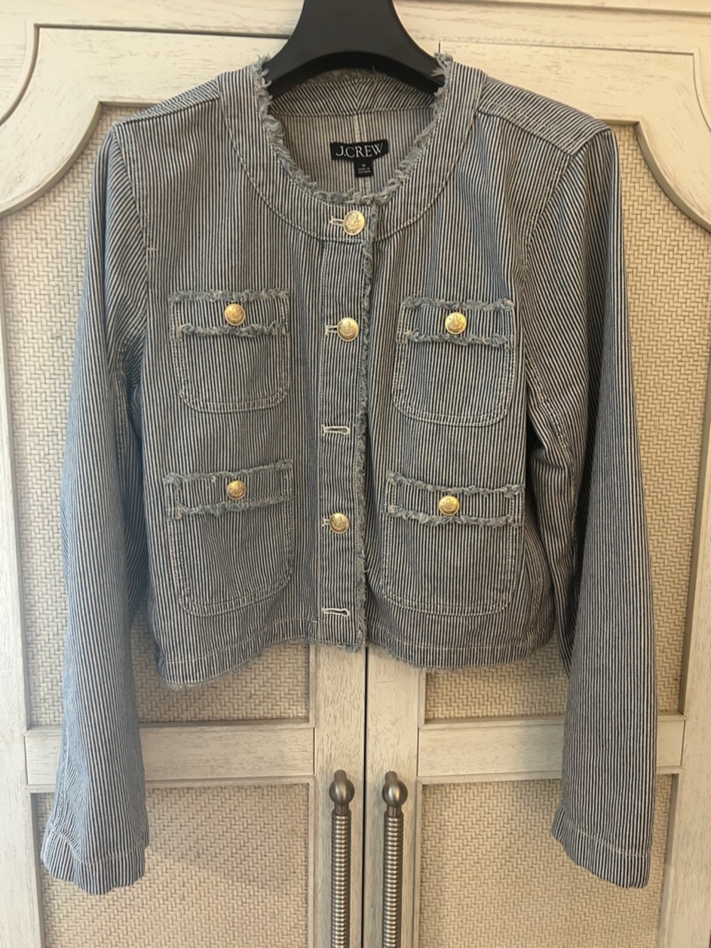 J. Crew Navy and White Pinstripe Cropped Blazer with Gold Buttons